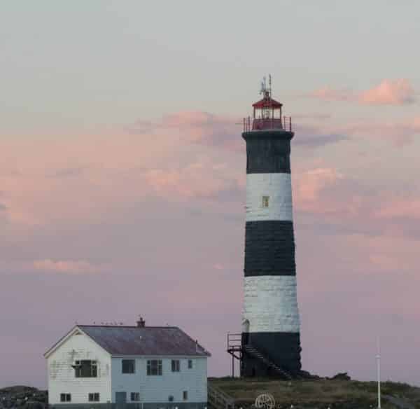 The iconic Race Rocks lighthouse at dusk.