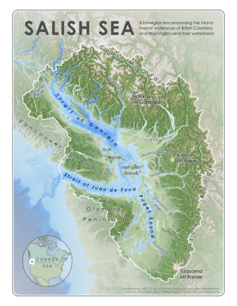 Topographic map of the Salish Sea and surrounding regions including the Strait of Juan De Fuca.