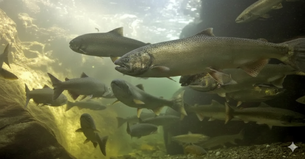 Underwater scene of a school of fish swimming near rocks.