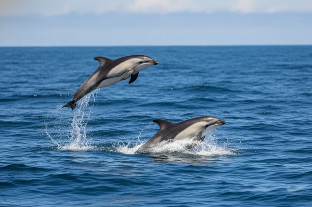 Two dolphins leaping in the ocean with blue sky in the background.