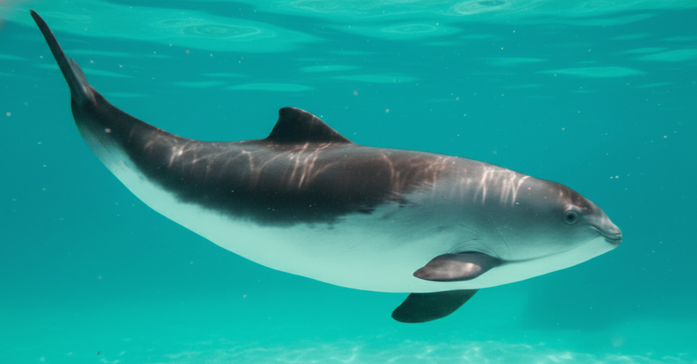 Porpoise swimming underwater in clear blue ocean.