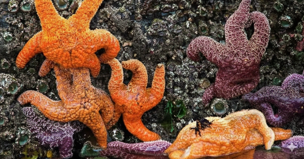 Colorful starfish on a rock, featuring orange and purple hues, surrounded by barnacles and sea life.