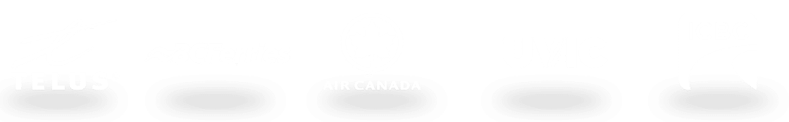 Logos of Telus, BC Ferries, Air Canada, UVic, and ICBC in a row on a white background.