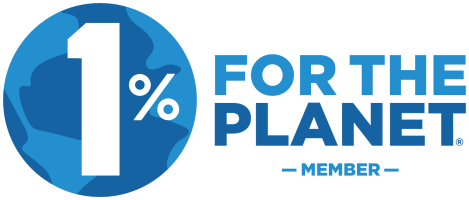 Blue and white '1% for the Planet Member' logo with globe graphic.
