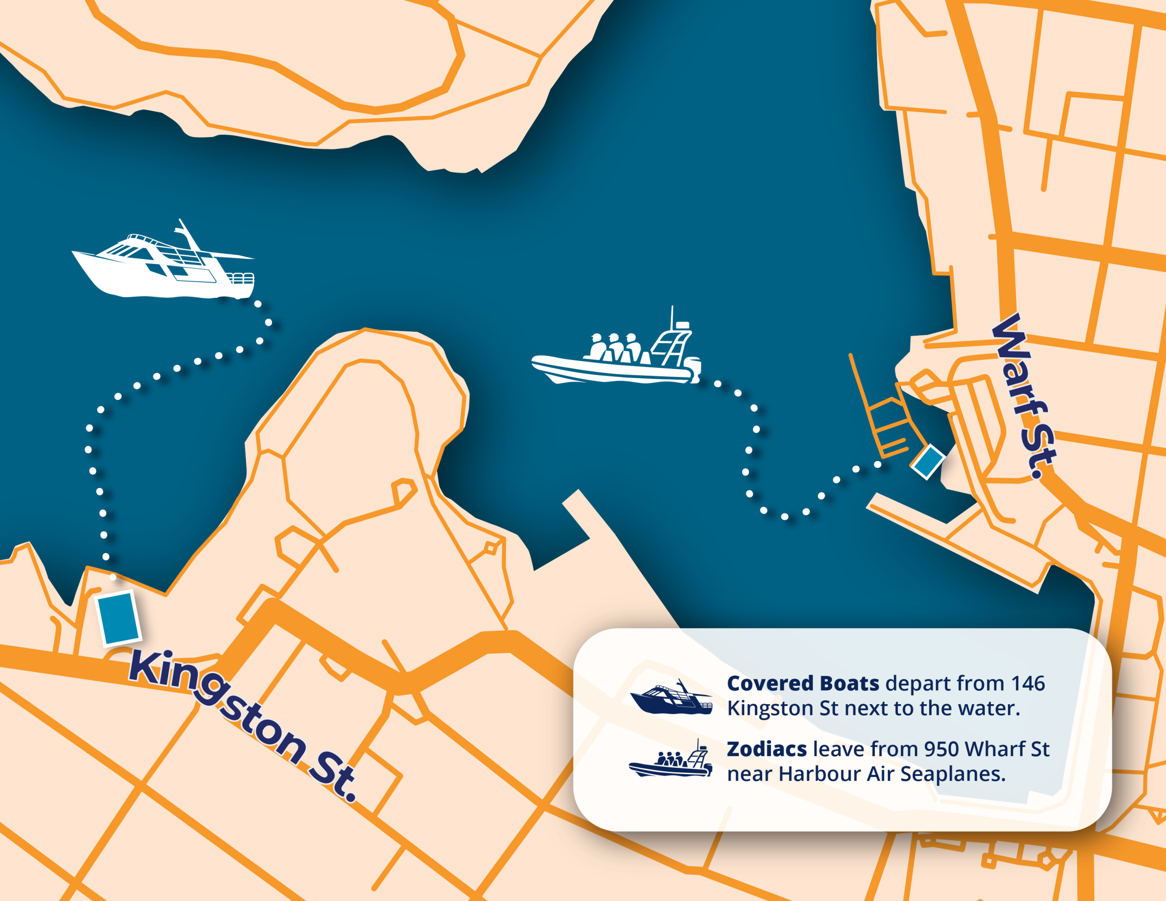 Map showing boat routes between Kingston St and Wharf St with icons of covered boats and Zodiacs.
