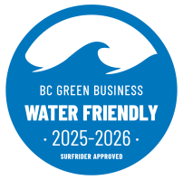 Blue circular badge with text: BC Green Business, Water Friendly 2025-2026, Surfrider Approved.