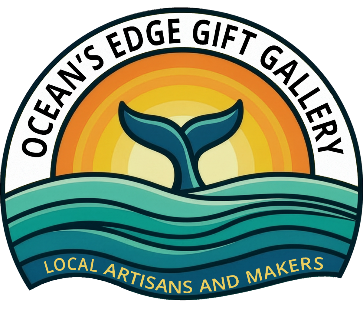 Logo with whale tail in ocean, sunrise, text: Ocean's Edge Gift Gallery, Local Artisans and Makers.