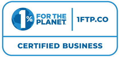 Logo stating '1% for the Planet Certified Business' with a web address 1FTP.CO.
